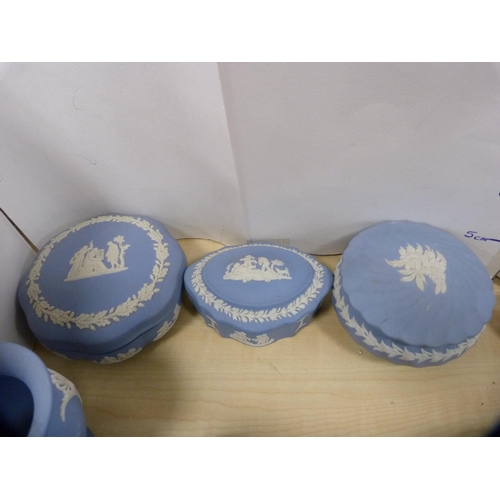 27 - Collection of Wedgwood blue Jasper ware to include boxes and covers, teapot etc.