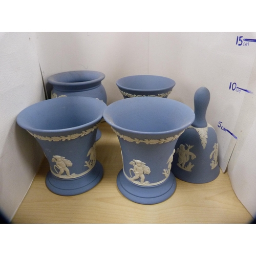 27 - Collection of Wedgwood blue Jasper ware to include boxes and covers, teapot etc.