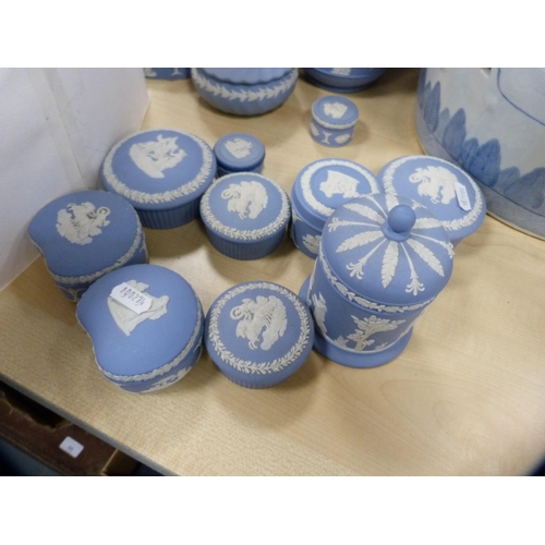 27 - Collection of Wedgwood blue Jasper ware to include boxes and covers, teapot etc.