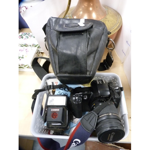 29 - Canon Eos 500 camera, cased, light meter, playing cards, costume jewellery etc.