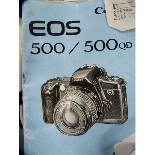 29 - Canon Eos 500 camera, cased, light meter, playing cards, costume jewellery etc.