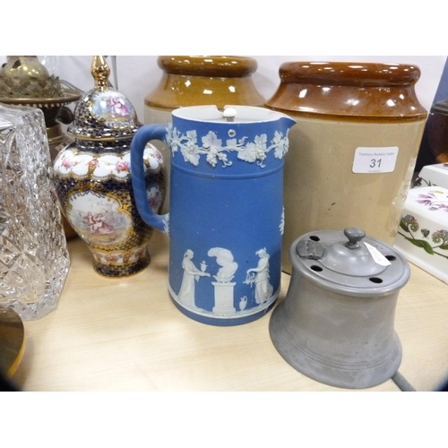 31 - Pair of graduated blue and white ashets, chestnut warmer, paraffin lamp, two stoneware crocks, carve... 