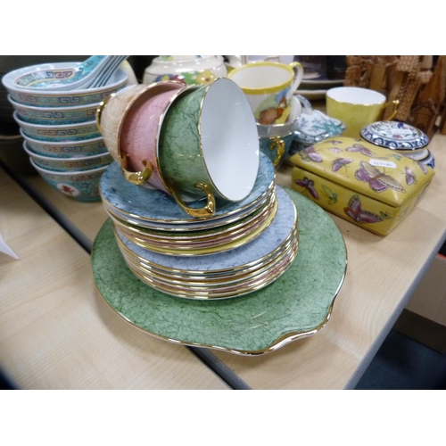 32 - Two Denby casseroles, similar coffee pot, set of blue and white rice bowls, Royal Albert 'Gossamer' ... 