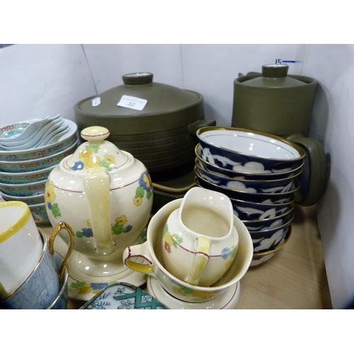 32 - Two Denby casseroles, similar coffee pot, set of blue and white rice bowls, Royal Albert 'Gossamer' ... 