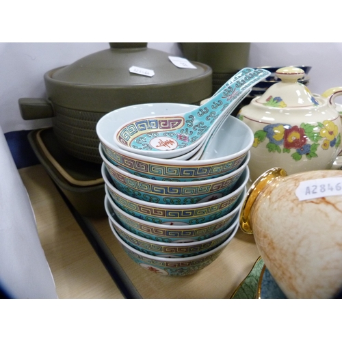 32 - Two Denby casseroles, similar coffee pot, set of blue and white rice bowls, Royal Albert 'Gossamer' ... 