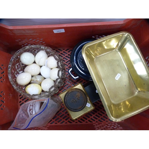 361 - Tub containing assorted onyx eggs, set of scales, Mason Cash tureen etc.