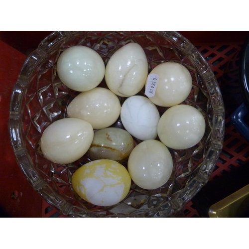 361 - Tub containing assorted onyx eggs, set of scales, Mason Cash tureen etc.