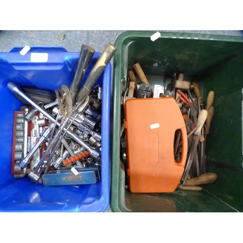 363 - Two tubs containing socket sets, socket parts, chisels, pliers, hand tools etc.