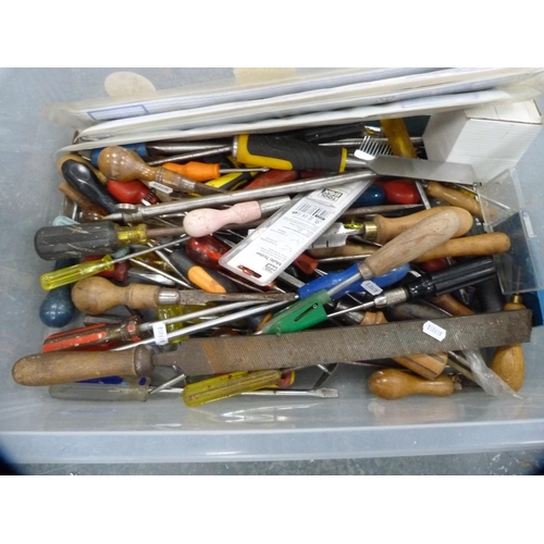 366 - Tub containing tools to include screwdrivers, chisels etc.