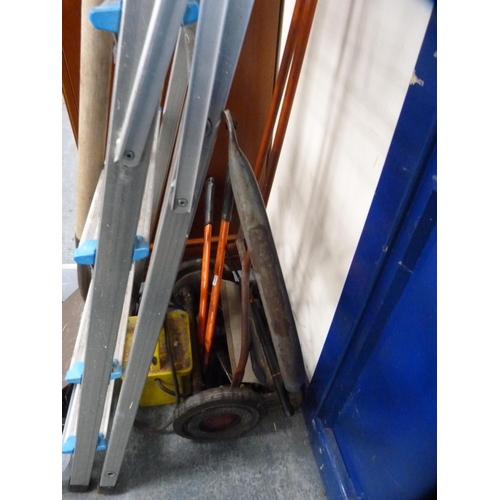 370 - Beldray folding ladders, tools, saws, spade, lawnmower, loppers etc.