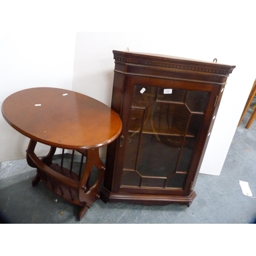 375 - Reproduction corner wall cabinet and a magazine table.  (2)