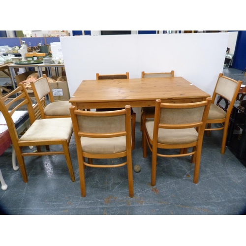 376 - Modern pine table, six matching chairs and a ladder-back chair.  (8)