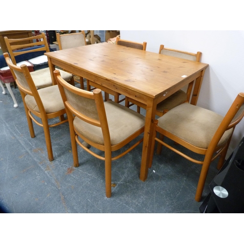 376 - Modern pine table, six matching chairs and a ladder-back chair.  (8)