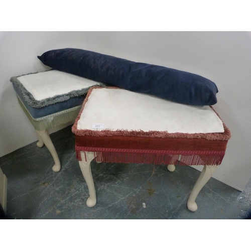 377 - Pair of French-style painted dressing stools and a draught excluder.