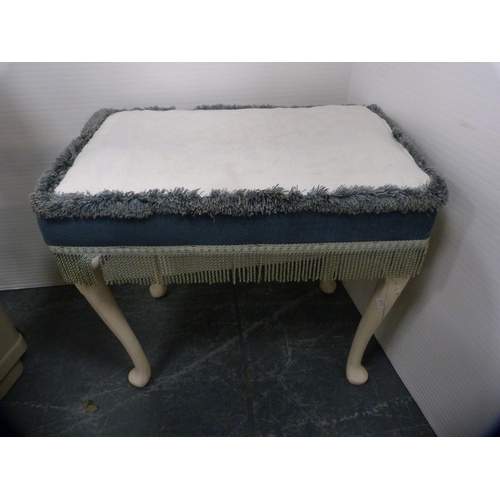 377 - Pair of French-style painted dressing stools and a draught excluder.