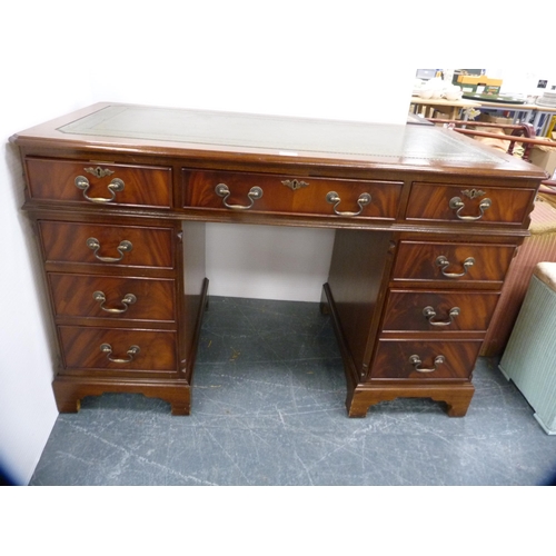 380 - Reproduction kneehole mahogany desk with tooled leather skiver.