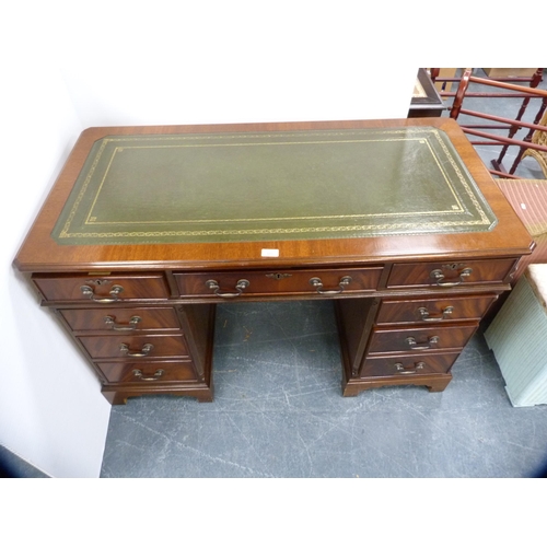 380 - Reproduction kneehole mahogany desk with tooled leather skiver.