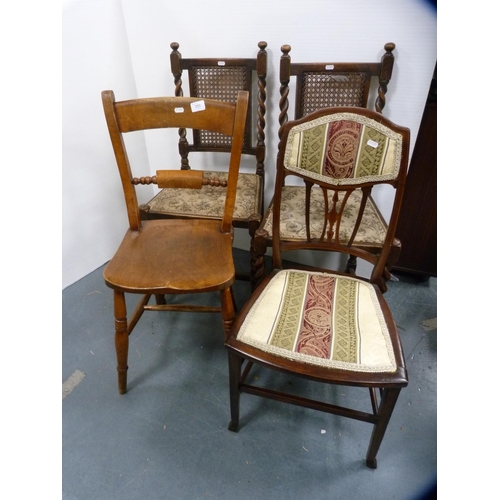 388 - Pair of bergère-back dining chairs, a solid-seat kitchen chair and an upholstered Edwardian b... 