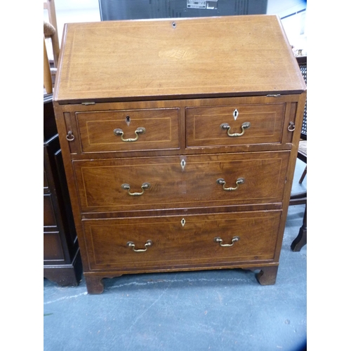 389 - Edwardian inlaid mahogany bureau with two short and two long drawers.