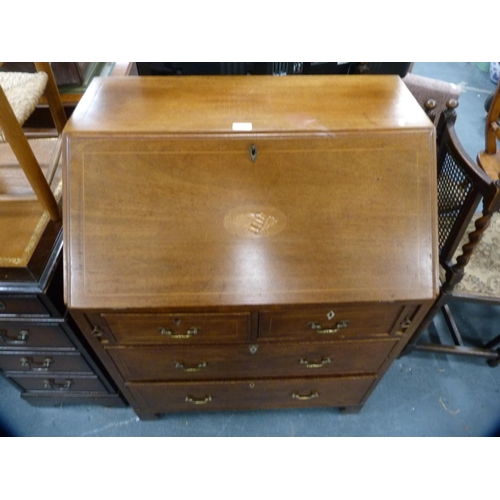 389 - Edwardian inlaid mahogany bureau with two short and two long drawers.