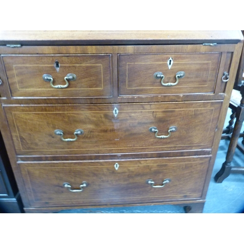 389 - Edwardian inlaid mahogany bureau with two short and two long drawers.