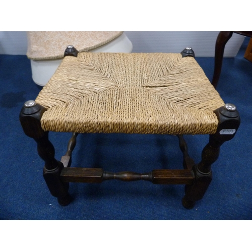 421 - Oak-framed stool, two wooden trays and a quantity of lampshades.