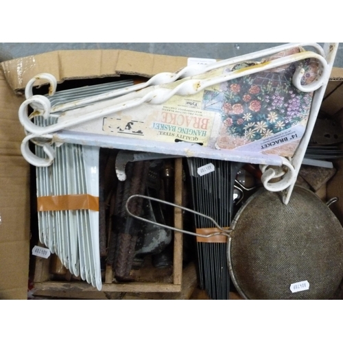 432 - Assorted shelf brackets, G clamps, folding steps, folding seat etc.