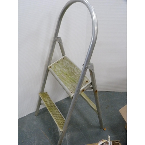 432 - Assorted shelf brackets, G clamps, folding steps, folding seat etc.