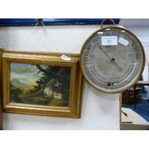 51 - Antique brass-cased aneroid barometer, colour print of rabbits and another of robins.