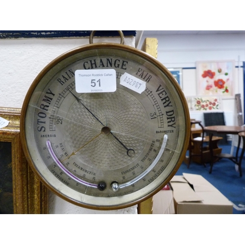 51 - Antique brass-cased aneroid barometer, colour print of rabbits and another of robins.