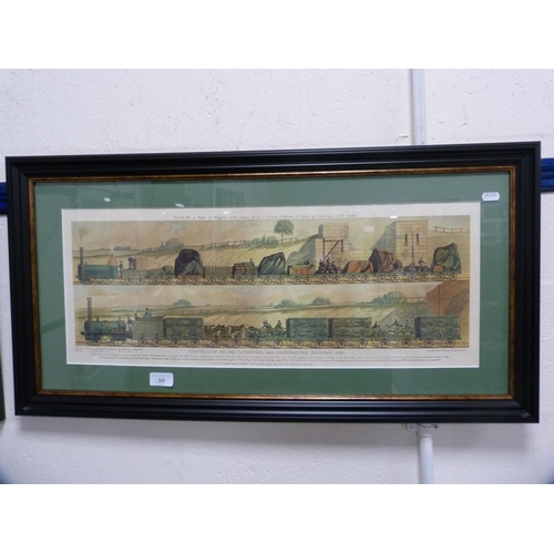 54 - Two framed prints, 'Travelling on the Liverpool and Manchester Railway 1831'.