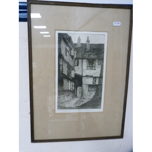 62 - The Mermaid Inn, RyeIndistinctly signed, etching, and a watercolour of a church.  (2)