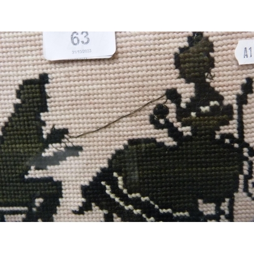 63 - Regency-style silhouette embroidery of a couple, in black slip frame.