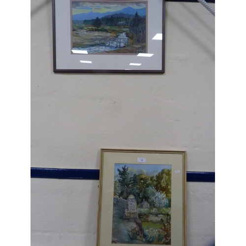 64 - Two watercolours to include a country scene, signed indistinctly, and another of a country stream wi... 