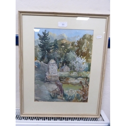 64 - Two watercolours to include a country scene, signed indistinctly, and another of a country stream wi... 