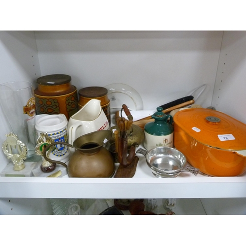 72 - Le Creuset-style casserole, two storage jars, Bell's Whisky jug, Maling dish etc (one shelf).