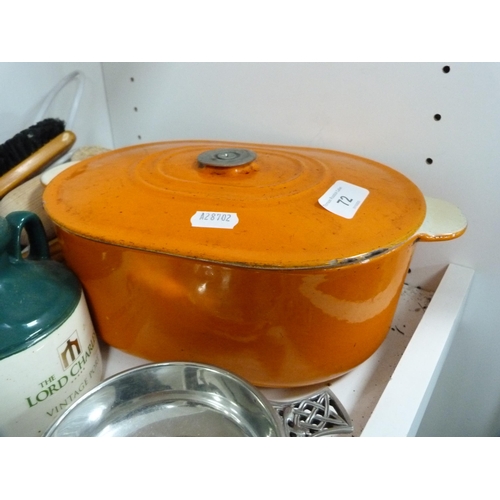 72 - Le Creuset-style casserole, two storage jars, Bell's Whisky jug, Maling dish etc (one shelf).