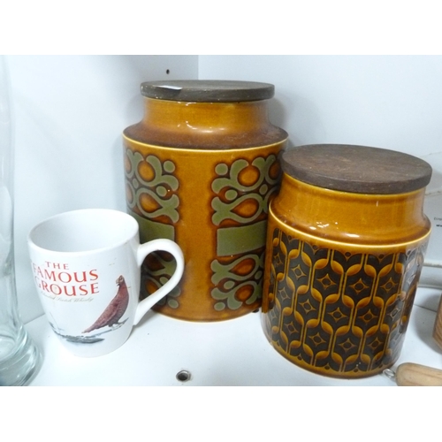 72 - Le Creuset-style casserole, two storage jars, Bell's Whisky jug, Maling dish etc (one shelf).