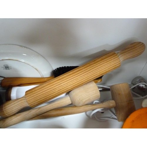 72 - Le Creuset-style casserole, two storage jars, Bell's Whisky jug, Maling dish etc (one shelf).