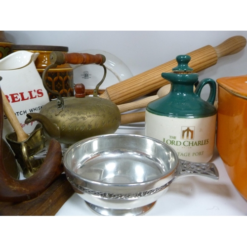 72 - Le Creuset-style casserole, two storage jars, Bell's Whisky jug, Maling dish etc (one shelf).