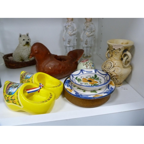 73 - Mdina-style coloured glass fish, decanters, pair of continental figures, pair of clogs etc (one shel... 