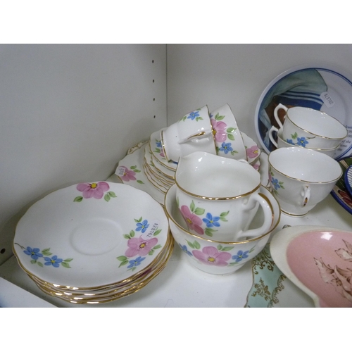 77 - Mexican part breakfast set, floral decorated tea set etc (one shelf).