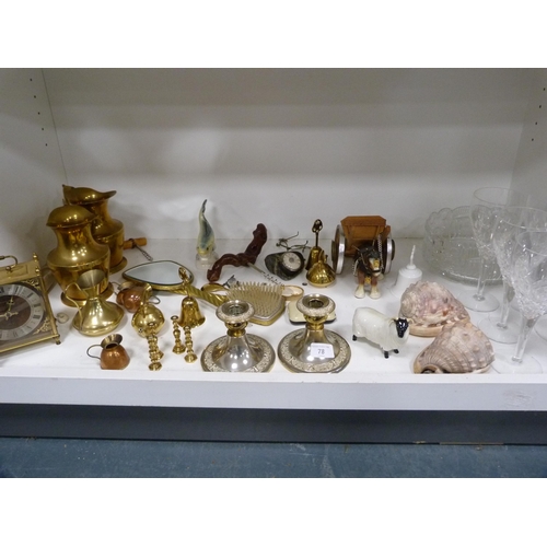 78 - Beswick sheep, six wine glasses, pair of EP candlesticks and other metalware (one shelf).