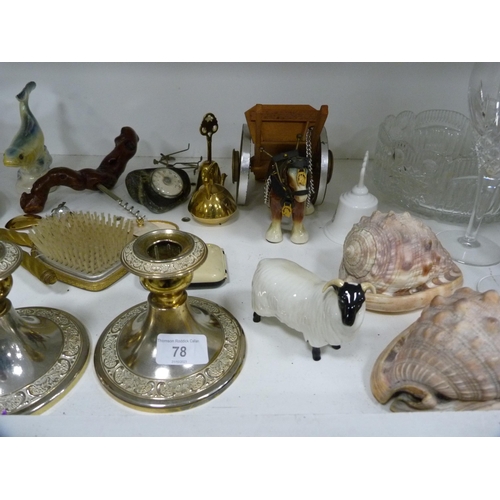 78 - Beswick sheep, six wine glasses, pair of EP candlesticks and other metalware (one shelf).