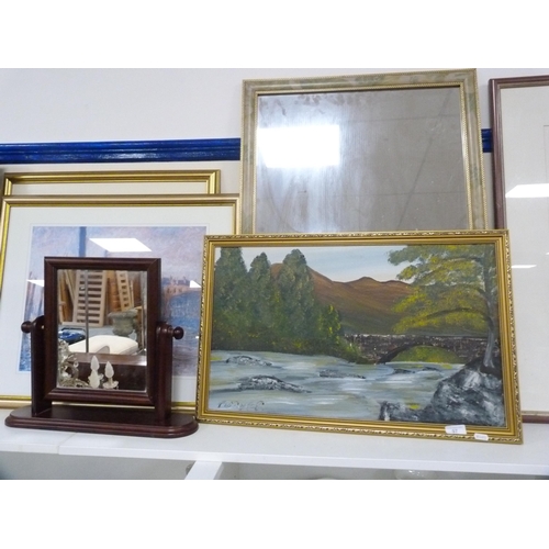 97 - TurnerThe RiverSigned, oil, two other prints, a wall mirror and a dressing table mirror.... 