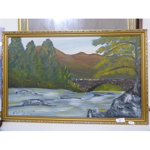 97 - TurnerThe RiverSigned, oil, two other prints, a wall mirror and a dressing table mirror.... 