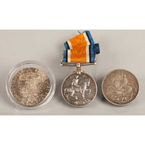 110 - 1780 Maria Theresa Austrian coin, 1935 George V crown, and War Medal awarded to 48529 1 A. M. R.C. L... 