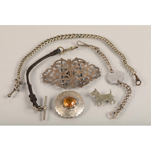 115 - Silver buckle, fob chain, gem set brooch, etc