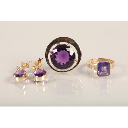 121 - Gold amethyst set earrings, pendant, and ring