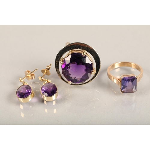 121 - Gold amethyst set earrings, pendant, and ring